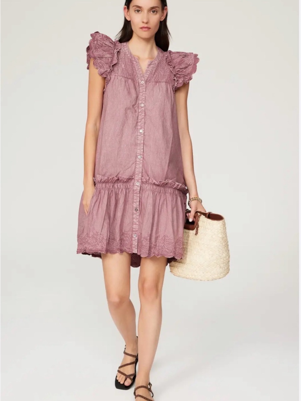 Sea New York Mauve Button-Front Ruffle Sleeve Tiered Dress
